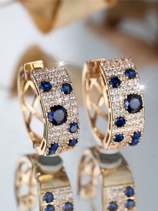Spectrum Designz Jewelry - Gold Hoop Earrings with Sapphire Blue Crystals